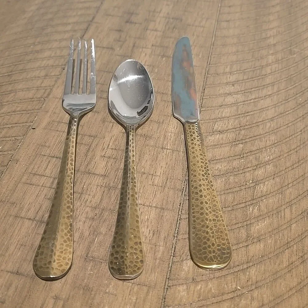 Indira Cambridge Stainles Jessamine Hammered Gold 3 Pc Flatware Spoon Fork Knife